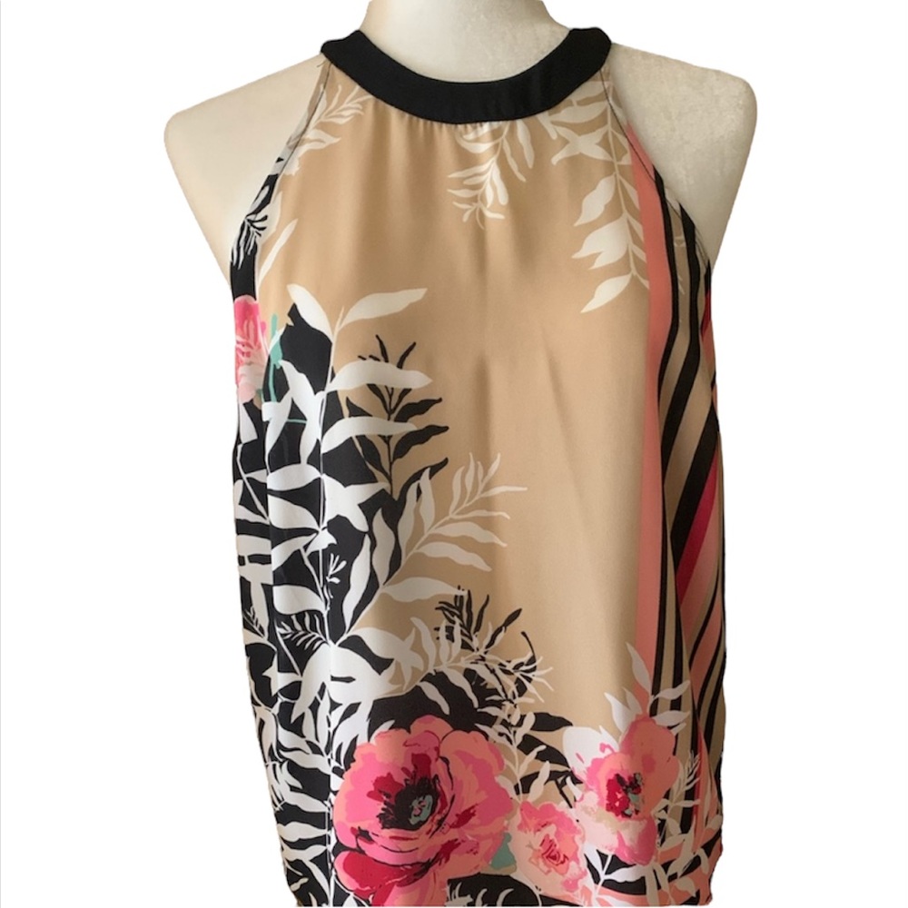 NEW YORK & CO WOMEN’S HIGH NECKLINE HALTER STYLE FLORAL DESIGN BLOUSE SZ: XSMALL